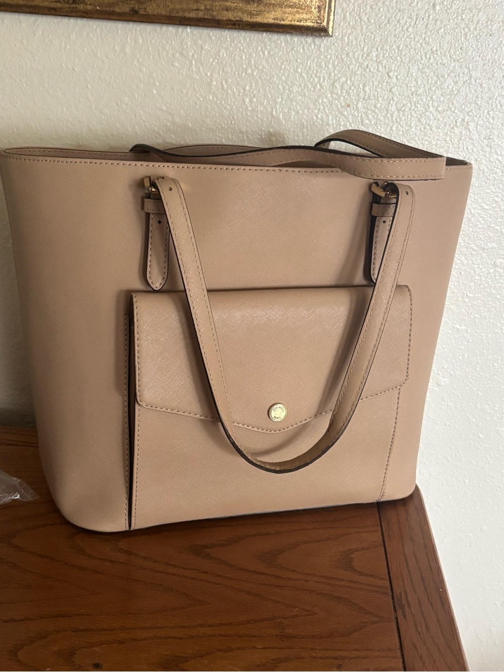 Michael Kors Beige Saffiano Tote with Front Flap Pocket